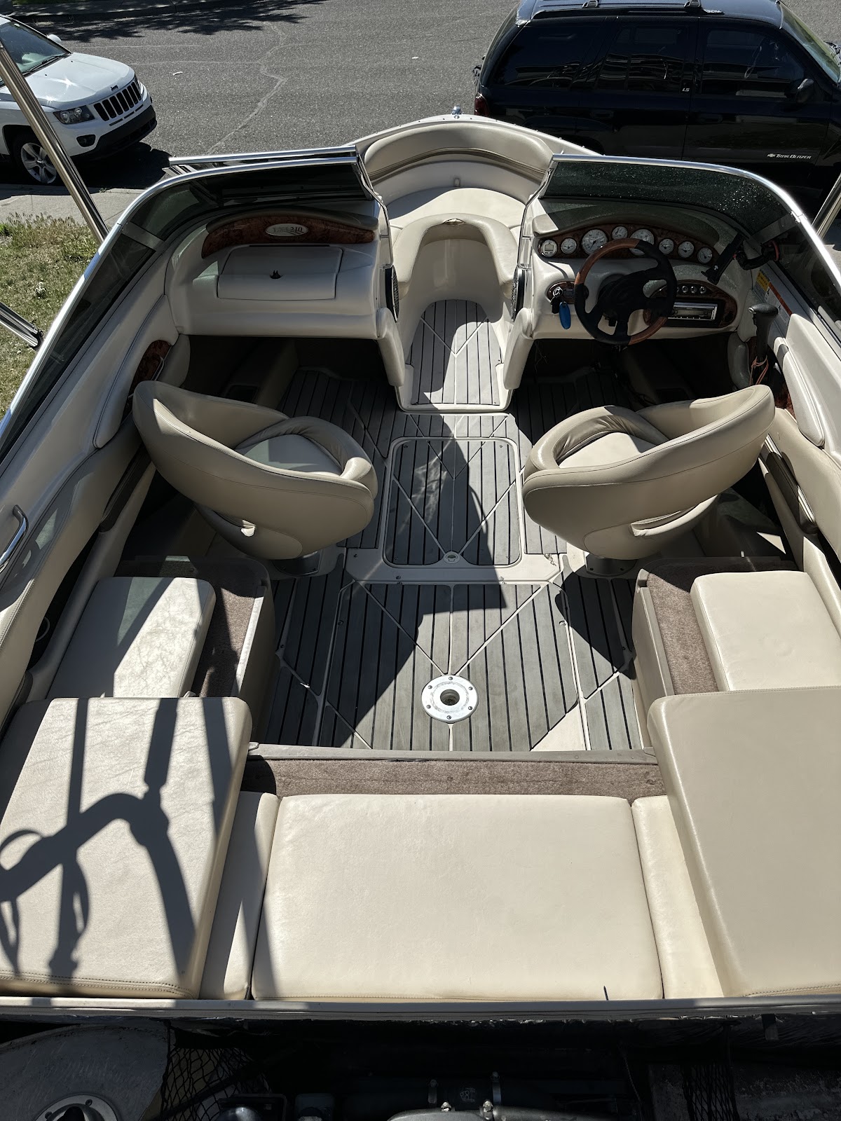 Detailed boat interior with clean cream upholstery
